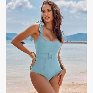 NWT Aimage Light Blue Square Neck Belted Tie Shoulders One Piece Swimsuit Size L